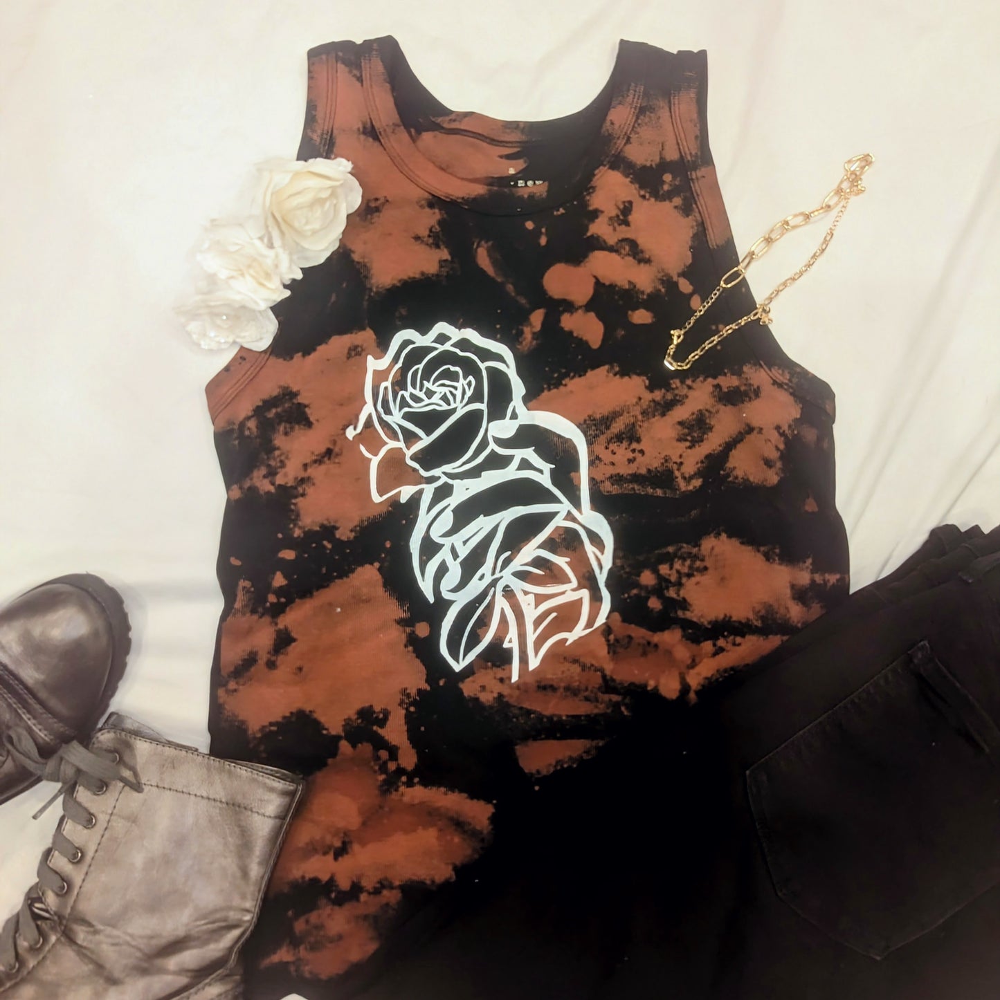 Bleached Tank Top with Rose